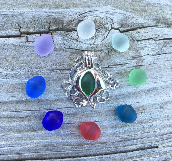 Wave of Life - Wholesale Locket Necklace - Jumping Dolphins Locket Sea Glass Necklace (18 Inch Chain)3