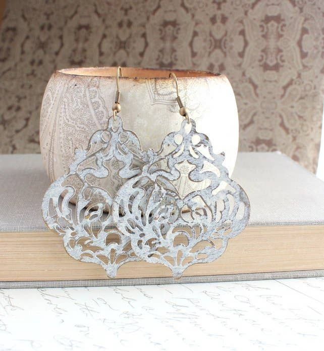 Default Shabby White Patina Earrings - Big Filigree Dangles for wholesale on Faire3