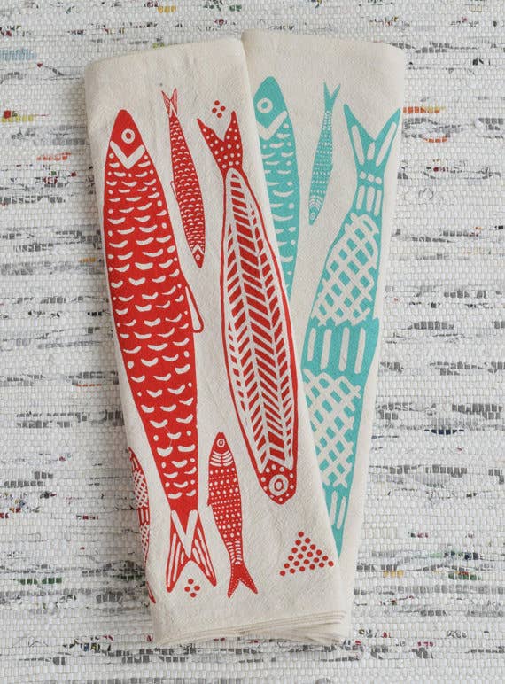 Hearth and Harrow - Wholesale Tea Towel - Sardines Tea Towel in Red - Organic Cotton - Fish Print2