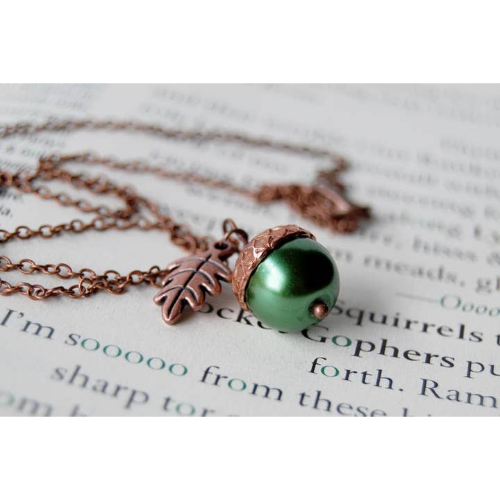 18" Spring and Copper Pearl Acorn Necklace for wholesale by Enchanted Leaves