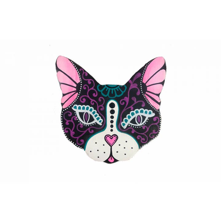 Mushtushy - Wholesale Wall Accent - 2" Sugar Skull Wood Magnet Cat