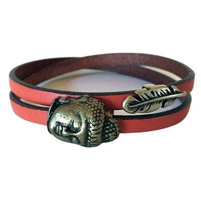 Pulsera de cuero de latón con plumas de Buda, color naranja quemado para venta al por mayor de LIVE AHA
