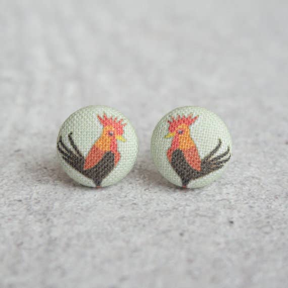 Rachel O's - Wholesale Stud/Post Earrings - Rooster Fabric Button Earrings