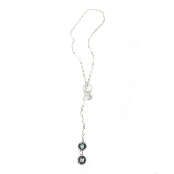Rhodium Nina Double Bezel Pull Through Necklace w/ Swarovski for wholesale by Jessica Elliot Jewelry