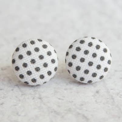 Black and White Polka Dot Fabric Button Earrings for wholesale by Rachel O's