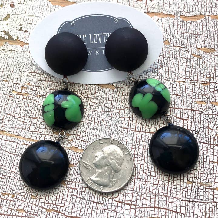 Brincos Batik Tri Dot Drop Black & Kelly Green por atacado de Leetie Lovendale
