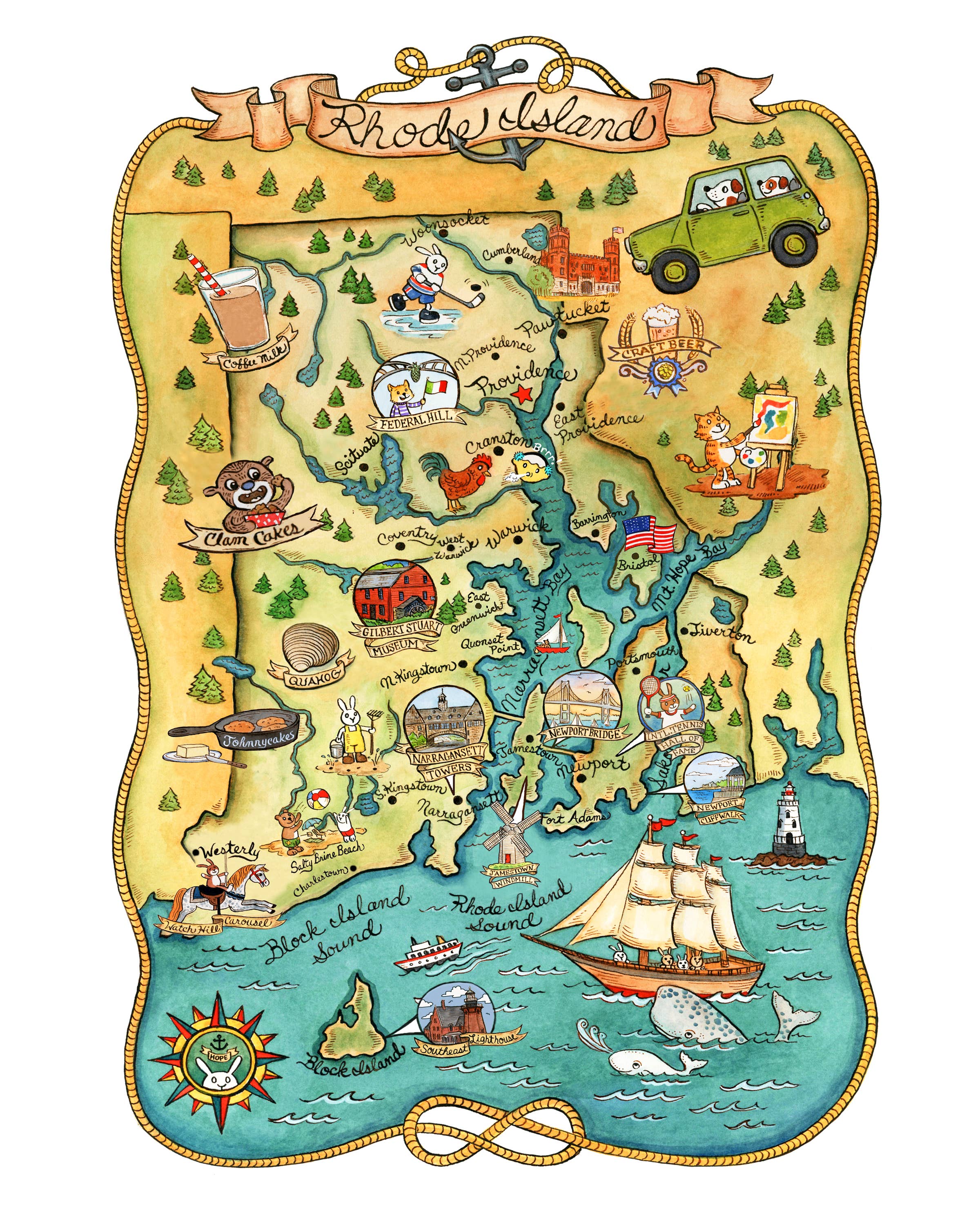 SepiaLepus Illustration - Wholesale Art Print - 11" x 14" Rhode Island Map Art Print0