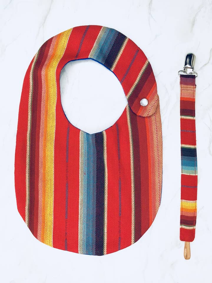 Conjunto de babador vermelho Serape com clipe de chupeta por atacado de Selvedge Dry Goods