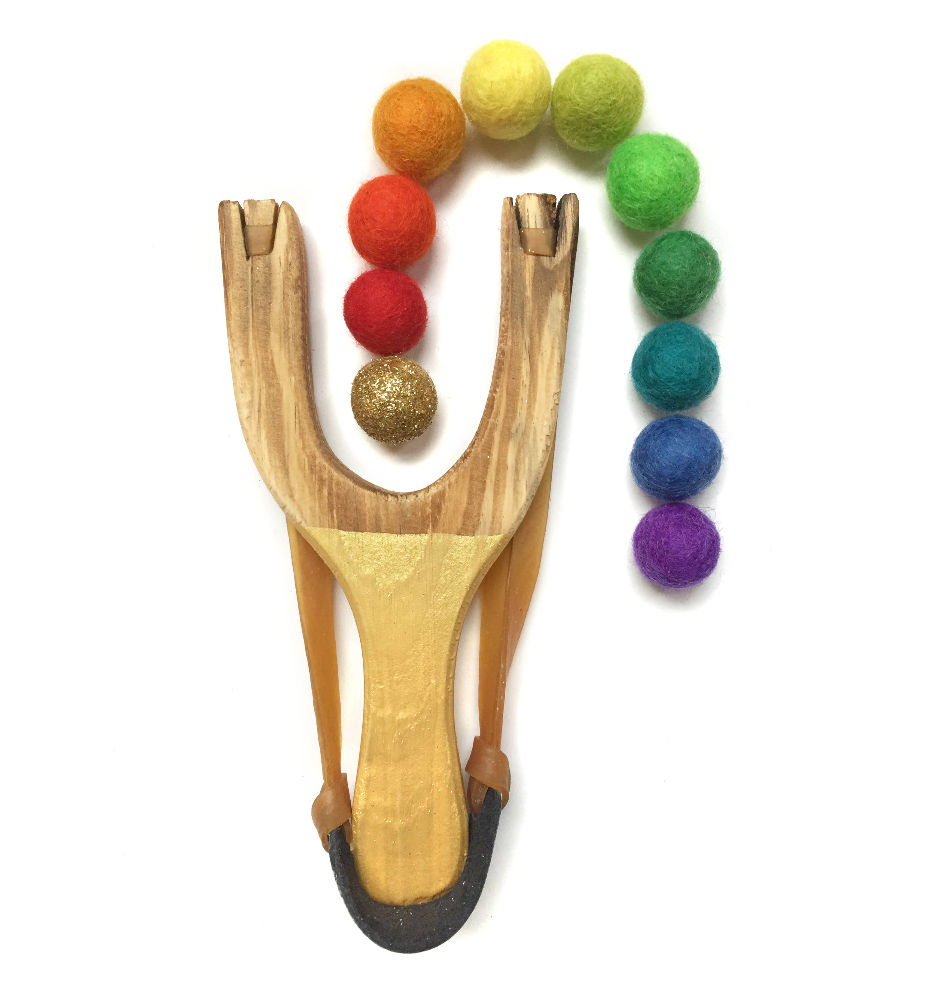 Little Lark - Vente Lance-pierre -– enfant - Lingshot de luxe en bois arc-en-ciel avec 1 boule à paillettes dorées5