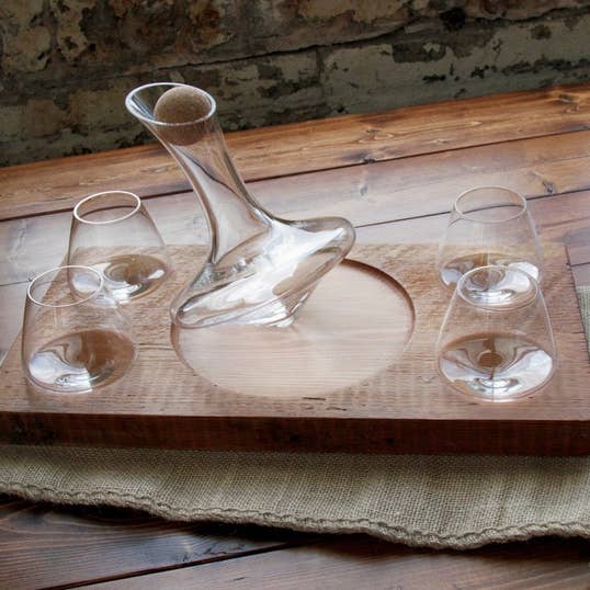 Whiskey Decanter 375ml & Glasses with Barn Wood Stand for wholesale by Swoon Living