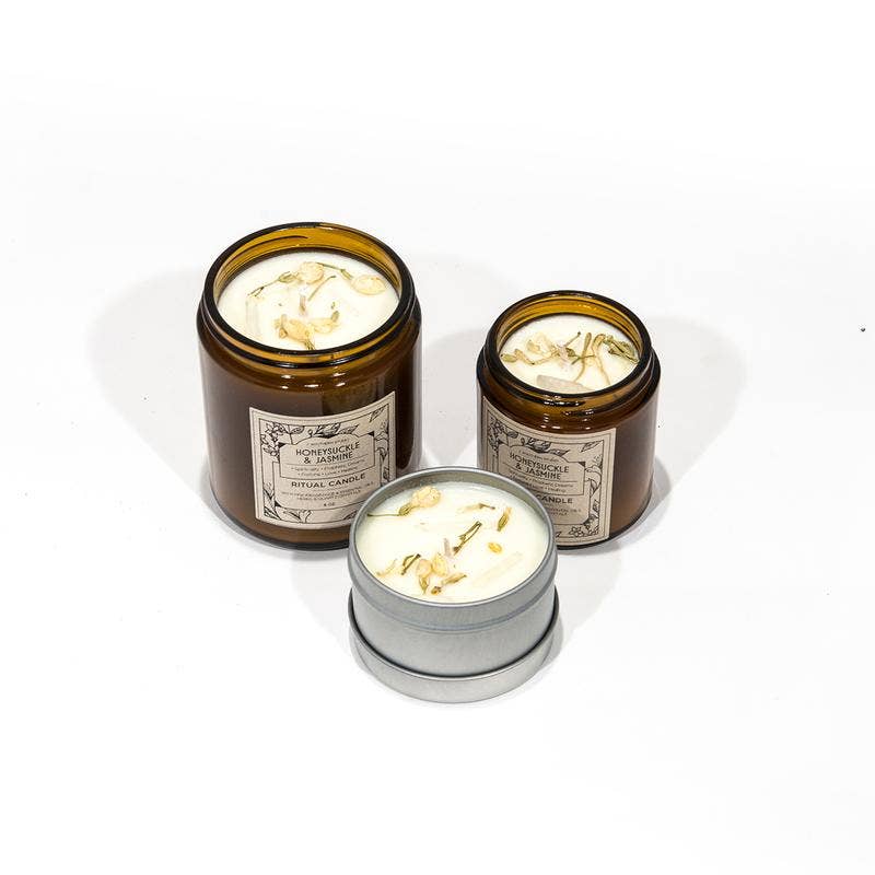 J. Southern Studio - Wholesale Travel Candles - Travel Tin Honeysuckle & Jasmine Ritual Candle with crystals and essential oils- 4 oz.4