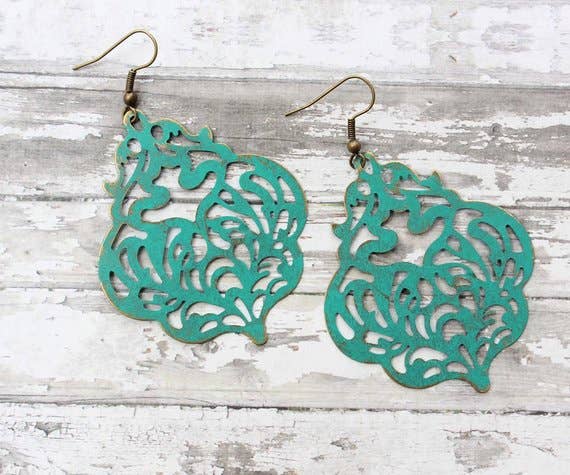 A Pocket of Posies - Wholesale Dangle Earrings - Damask Filigree Earrings | Teal Patina | Big Dangle Earrings3