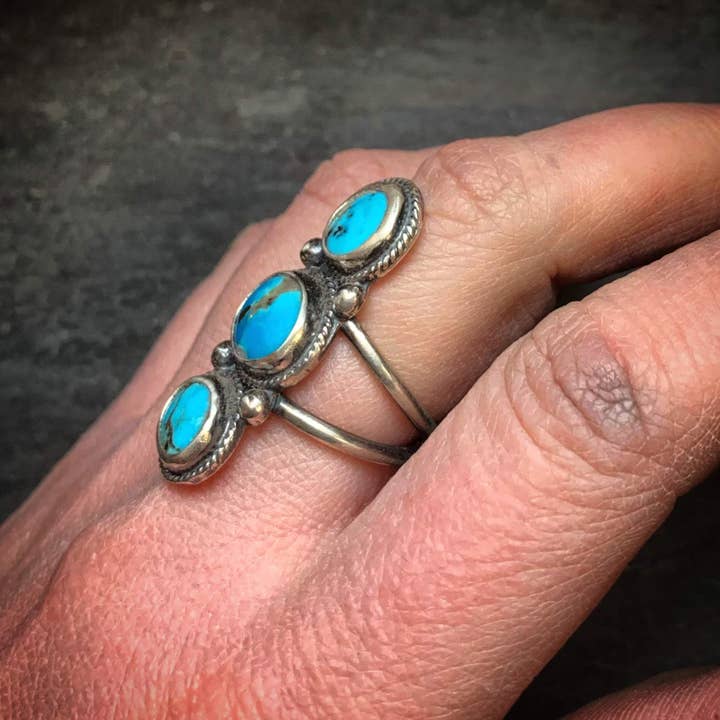 Raegan Hough Metalsmith - Wholesale Cocktail/Statement Ring - American Turquoise Ring with Three-Stone Pillar