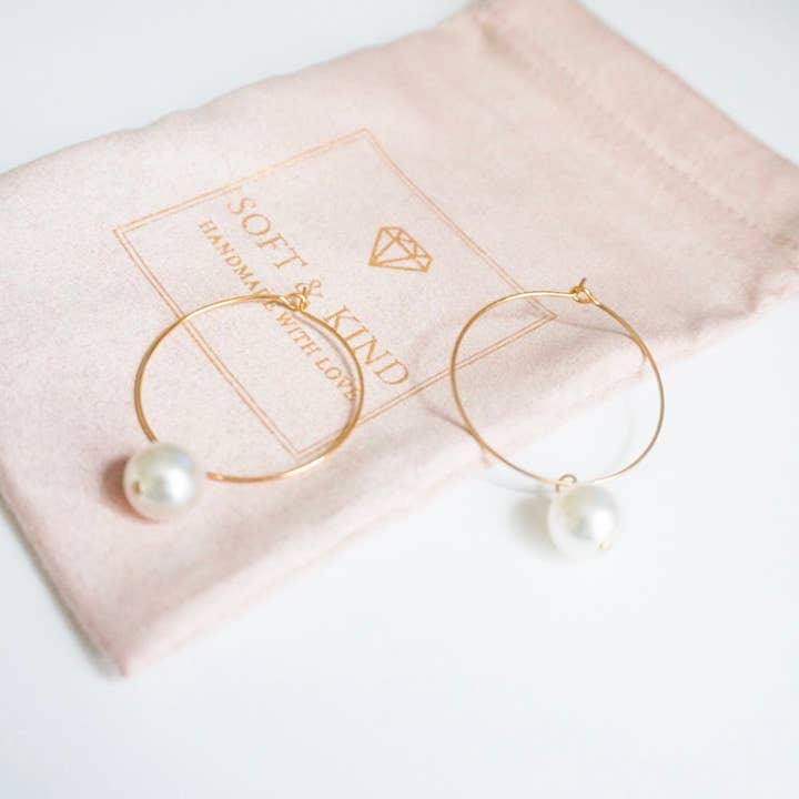 Gold Hoop Earrings With Swarovski Pearl, Simple, Minimalist for wholesale by Soft and Kind