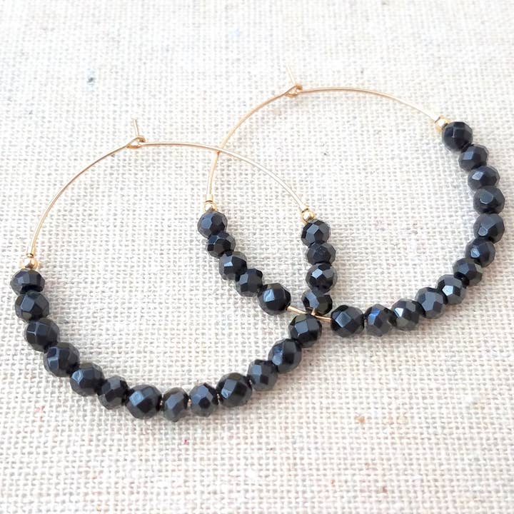 Black Spinel Beaded Hoops for wholesale by MissElenious Jewelry