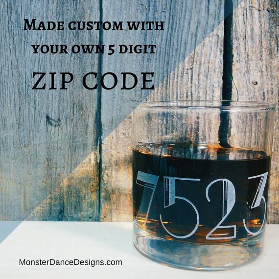 Monster Dance Designs - Wholesale Cocktail/Liquor Glass - Personalized Area Zip Code Etched Whiskey Glass, Art Deco2