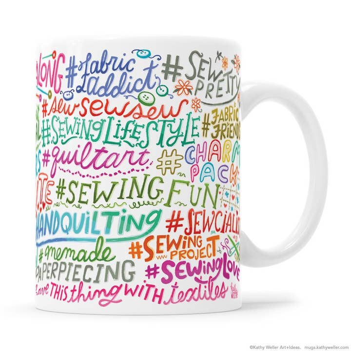Sewing Hashtag Instagram Mug for wholesale by Kathy Weller Art+Ideas