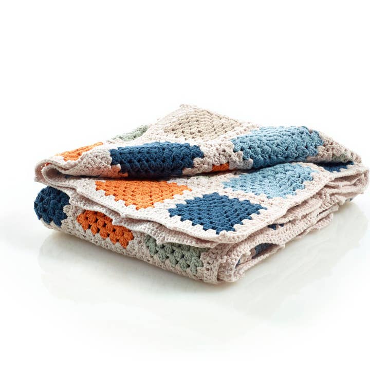 Handmade Organic Granny Square Baby Blanket in Blue & Orange for wholesale by Pebble