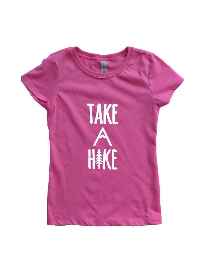 Outdoorable Apparel - Wholesale Screen Printed T-Shirt - Kids - Pink with White Take A Hike Girl's Shirt