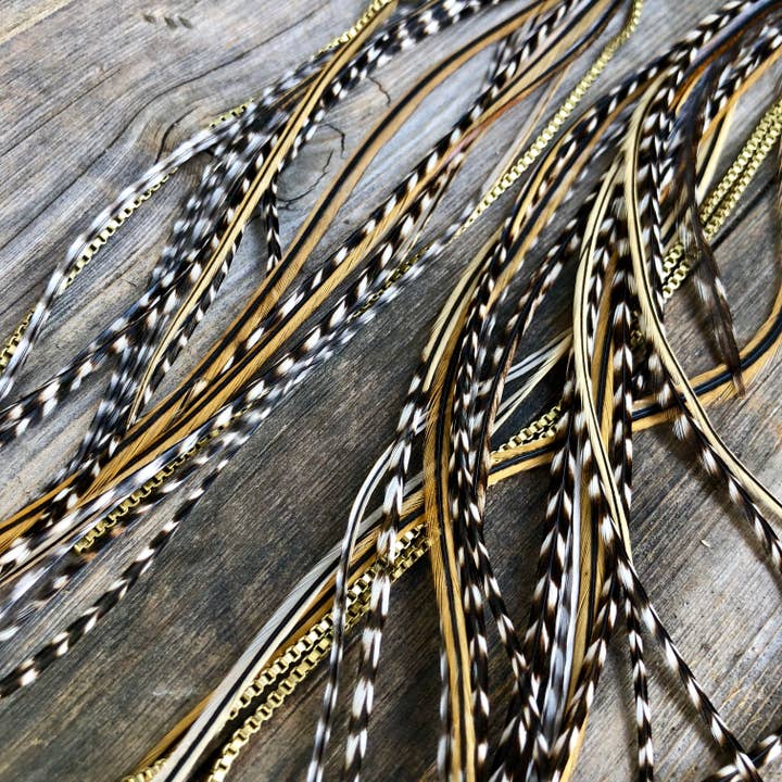 ASTALI - Wholesale Tassel Earrings - Extra Long Feather Earrings - Golden Black & Grizzly, Boho2