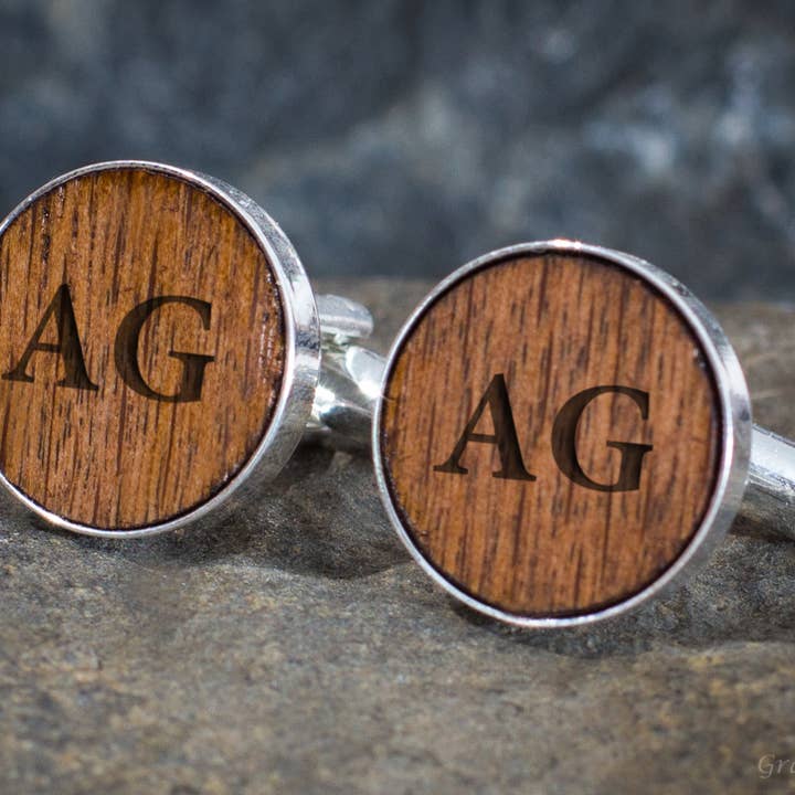 Personalized Wood Cufflinks Round for wholesale by Grateful Gadgets