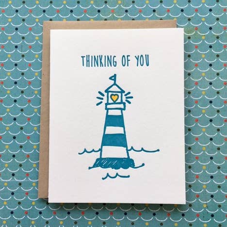 Lighthouse Thinking of You - letterpress card for wholesale by Lucky Bee Press