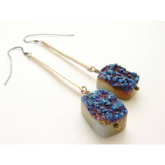 Druzy Drop Earrings, Hammered Bar Earrings for wholesale by SORA DESIGNS