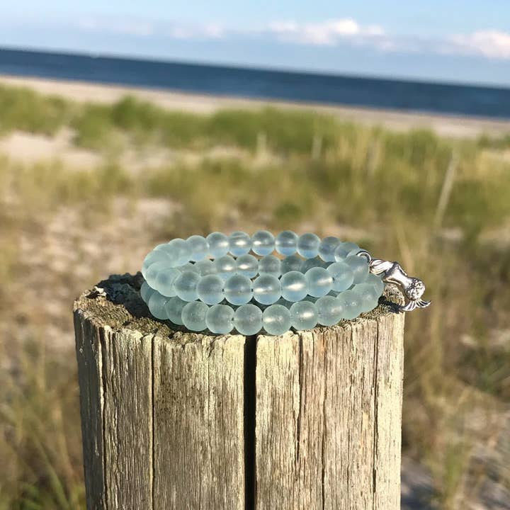 Wave of Life - Wholesale Beaded Bracelet - Pale Aqua Tumbled Sea Glass Beads Wrap Bracelet with Mermaid Charm