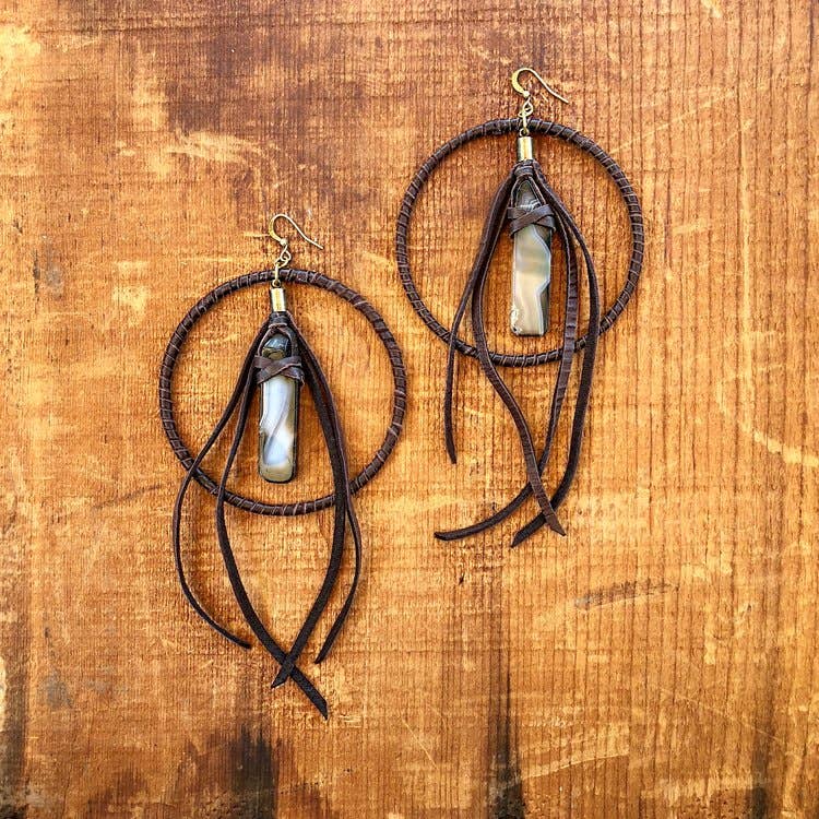 ASTALI - Wholesale Dangle Earrings - Leather Hoops - Agate & Chocolate, Leather & Stone Earrings0