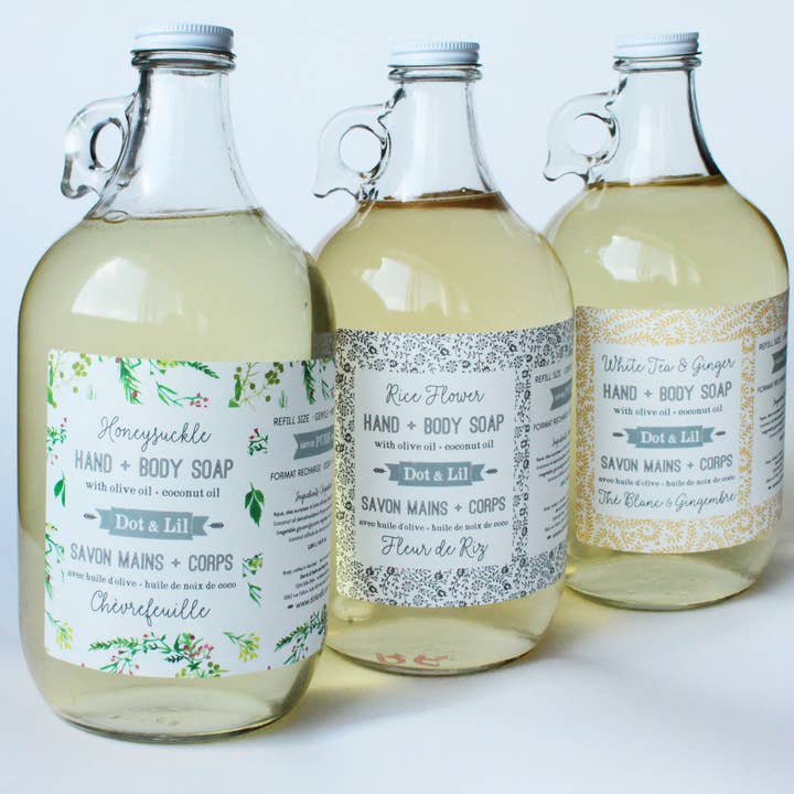 Savon de recharge liquide au thé blanc et au gingembre pour la vente par Dot & Lil