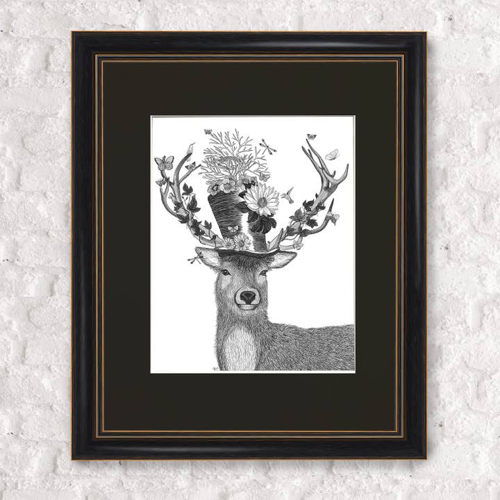 Mad Hatter Deer, Pen and Ink Limited Edition Framed Print for wholesale by FabFunky Ltd