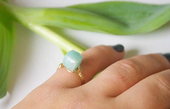Seaflowerjewelry - Wholesale Single Stone/Solitaire Ring - Gold Square Seafoam Green Blue Mint Ring0