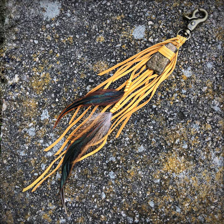 Feather & Leather Bag Clip - Gold & Bronze Agate Bag Tassel for wholesale by ASTALI