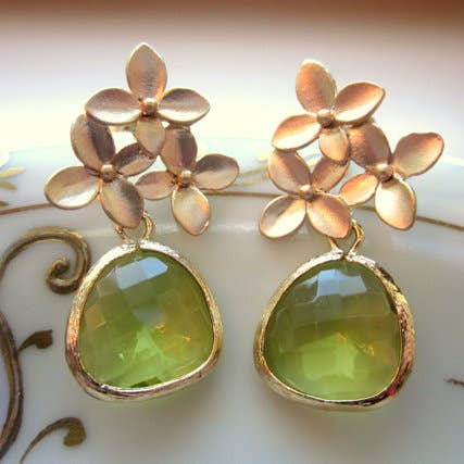 Peridot Apple Green Gold Cherry Blossom Earrings for wholesale by Laalee Jewelry