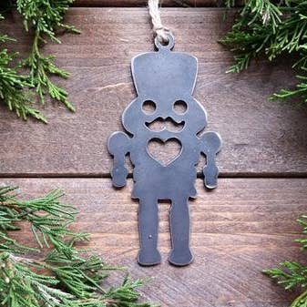Nutcracker Ornament w/ Heart made from recycled steel for wholesale by BE Creations & Designs, Inc.