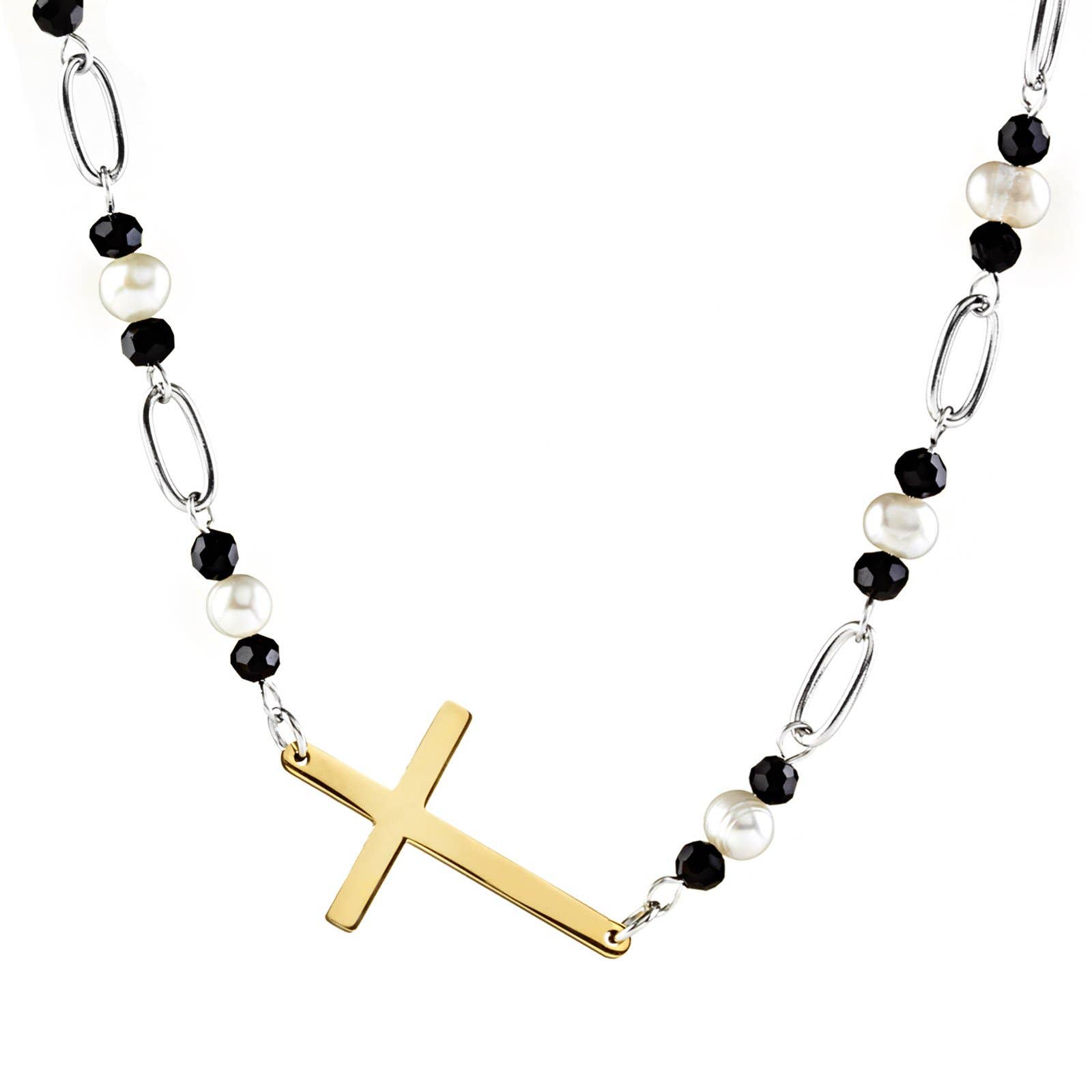 Wholesale Elya Polished Sideways Cross Freshwater Pearl Necklace