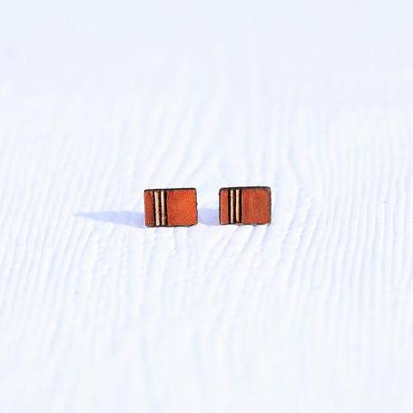 Brown Leather Rectangle Stud Earrings with Stripes for wholesale by Buzzing Bird Studios, LLC