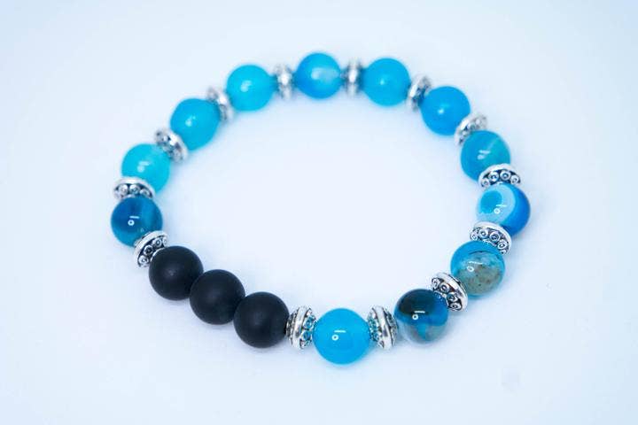 Foxfire Stones - Wholesale Beaded Bracelet - White Braided Elastic  - Blue Striped Lace Agate Healing Stone Bracelet0