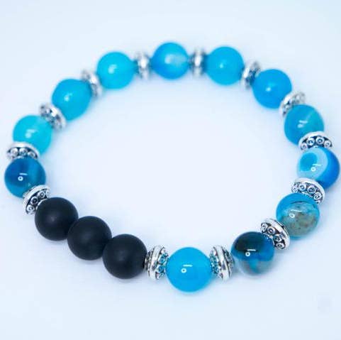 Weiß geflochtenes Elastisches - Blau gestreiftes Spitzenachat-Heilungsstein-Armband für den Großhandel von Foxfire Stones