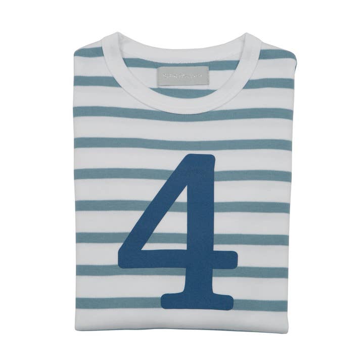 Bob & Blossom Ltd – wholesale T-shirt med screentryck – Barn – Ocean Blue & Vit Randig Nummer 4 T-shirt0