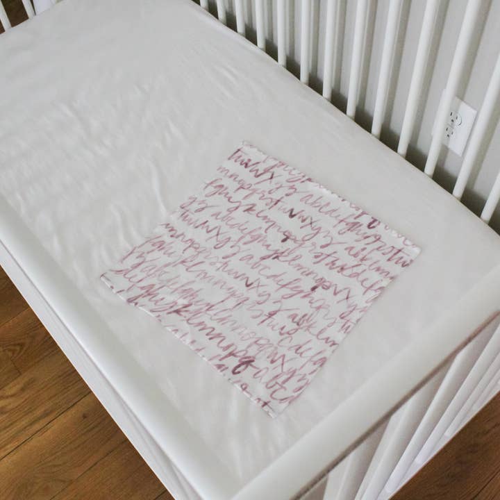 Pink Calligraphy Alphabet Organic Baby Security Blanket for wholesale by Southern Top Stitch