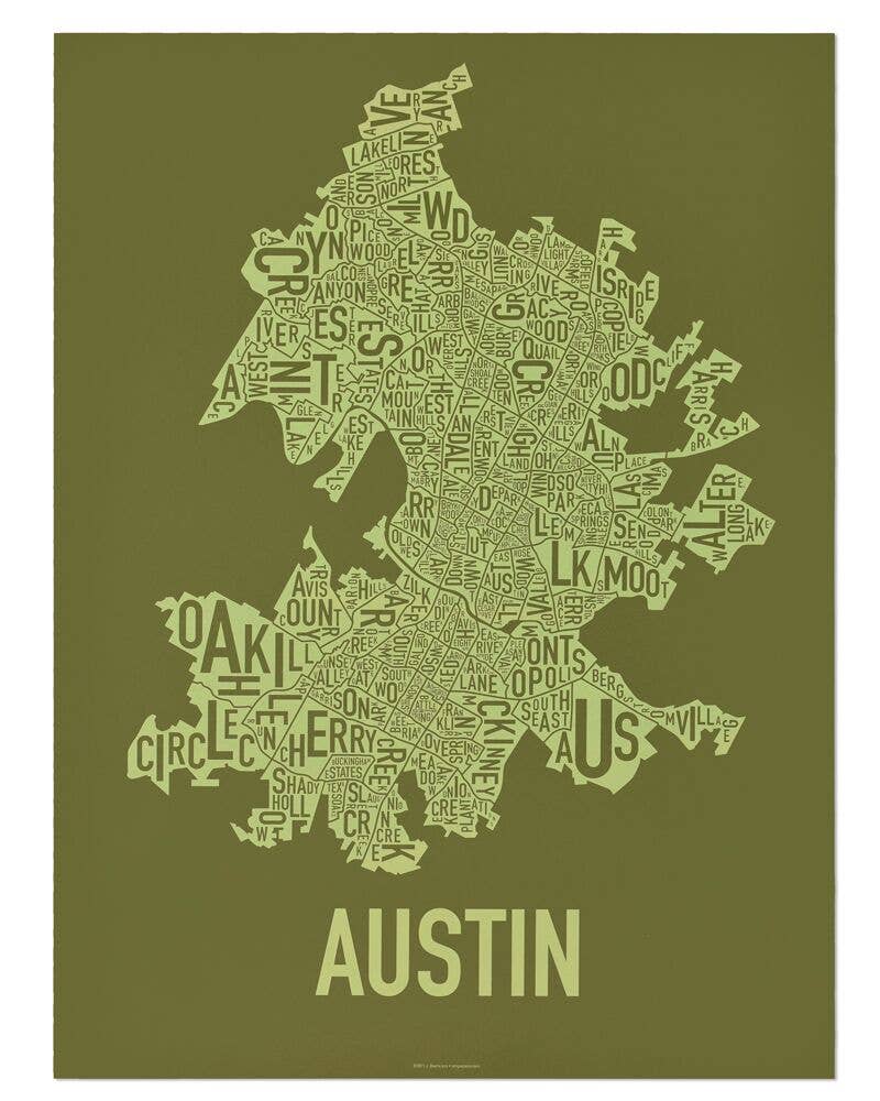 Ork Posters - Wholesale Poster - 18" x 24" Austin Neighborhood Map  Screen Print3