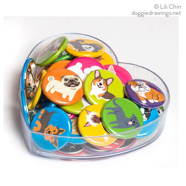 Lili Chin Art - Wholesale Lapel Pin/Button - 30 Dog Buttons1