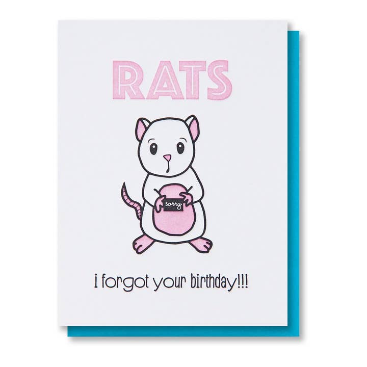 Kiss and Punch - Wholesale Birthday Card - Rats Missed Belated Birthday Letterpress Card