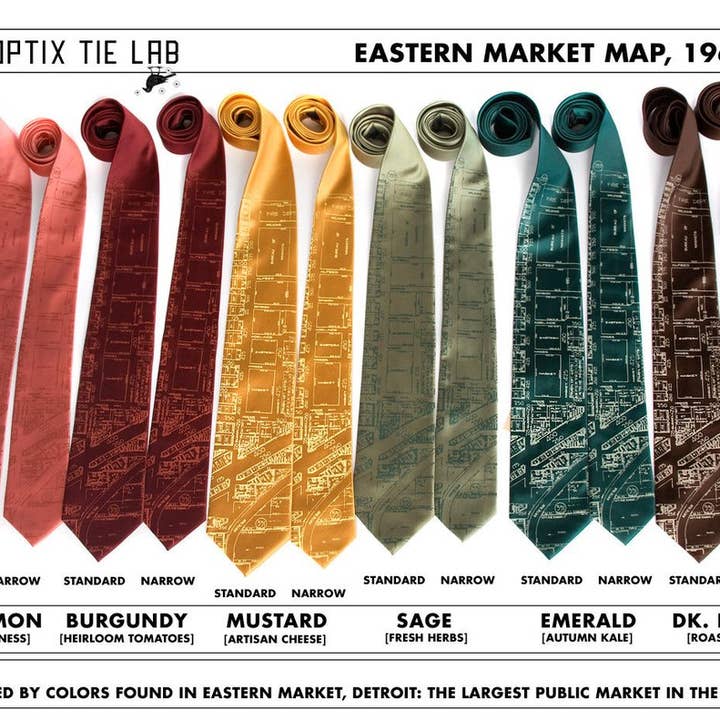 Cyberoptix Tie Lab - Wholesale Necktie - Men's - Detroit Map Necktie, Historic Eastern Market Tie1