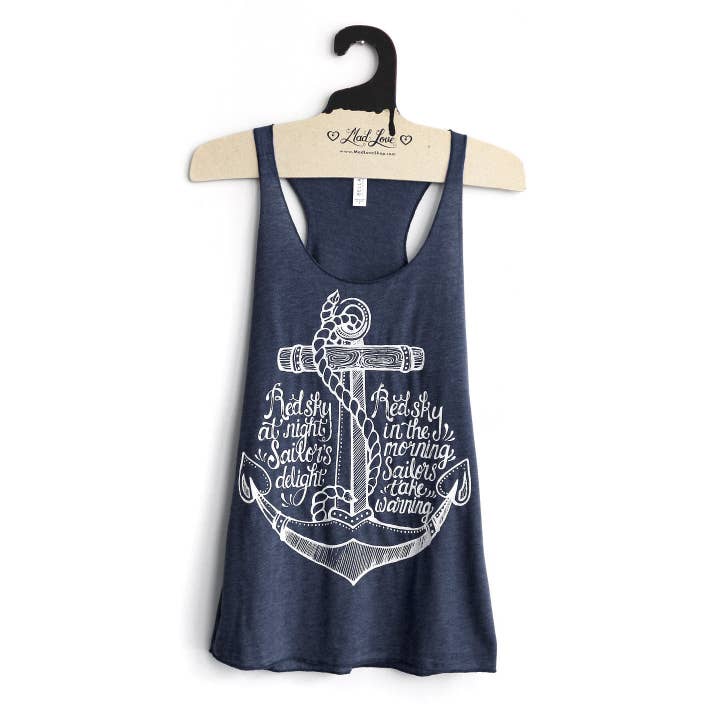 Navyblaues Racerback Tank mit Matrosen-Anker-Druck für den Großhandel von Mad Love Shop