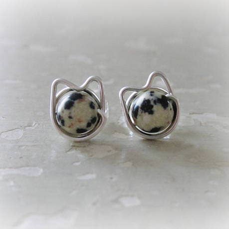 Contempo Jewelry - Wholesale Stud/Post Earrings - Dalmatian Jasper Cat Sterling Stud Earrings