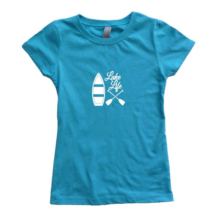 Outdoorable Apparel - Wholesale Screen Printed T-Shirt - Kids - Teal with White Lake Life Girl's Shirt0