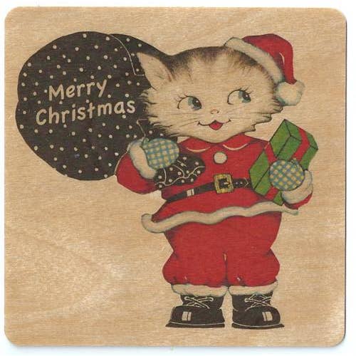 Wood Card Flat - Kitty Christmas Santa for wholesale by Spitfire Girl