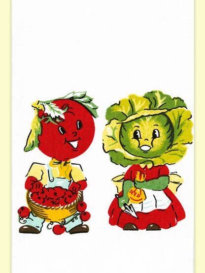 Mr. & Mrs. Veggie Retro Flour Sack Kitchen Tea Towel for wholesale by Red and White Kitchen Company